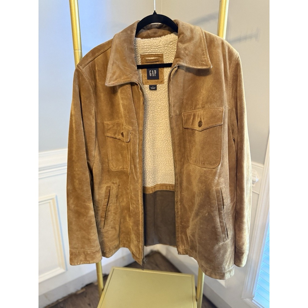 Vintage Y2K   Gap Men's Suede Tan Sherpa Lined Jacket Coat Large